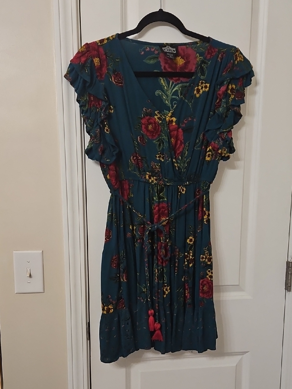 Angie Teal Floral Ruffle Sleeve Wrap Mini Dress